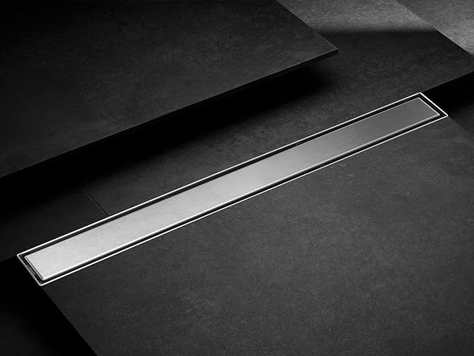 HEATGENE Linear Shower Drain 48-Inch, Stainless Steel Rectangle Shower Floor Drain with 2-in-1 Flat & Tile Insert Cover, Shower Drain with Leveling Feet & Hair Strainer, Brushed