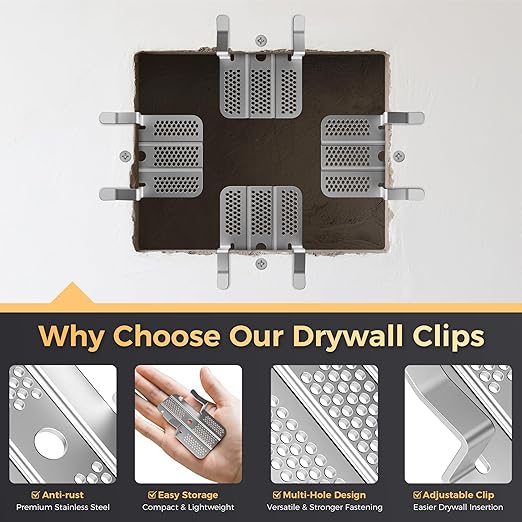 Drywall Repair Clips,Easy Install Drywall Clips 1/2 Inch,Professional Hole Repair Patch Kit for Wall and Sheetrock, Strong Metal Backing Clips with Screws for Home Improvement-32Packs