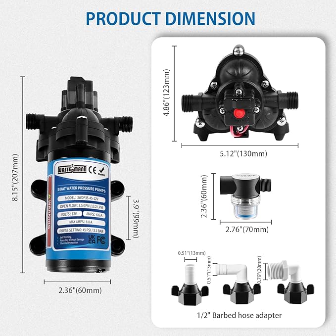 WASSERMANN 12V DC RV Diaphragm Pump, 3.5GPM 45PSI 1/2"NPSM Connection, 3-Chamber Self-Priming Pressure Water Pump with Pressure Switch for RV Marine Camping Yacht Garden,