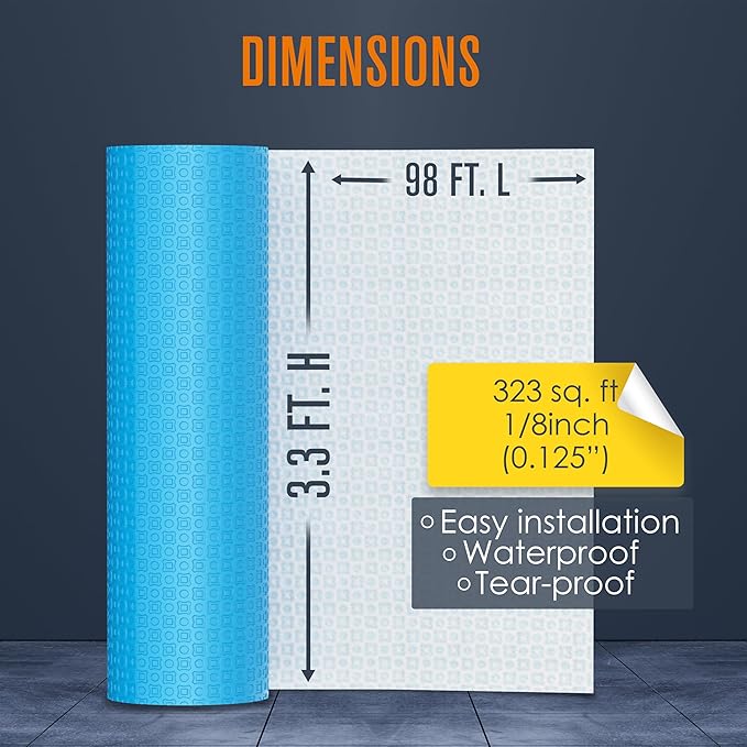 Houseables Uncoupling Membrane, Tile Underlayment, Tile Membrane, Flooring Underlayment, for Floor, Decoupling, Anti Fracture, Waterproof, Anti Crack, Vapor, 1/8" Thick, 3.3 ft x 98.5 ft / 323 Sq Ft