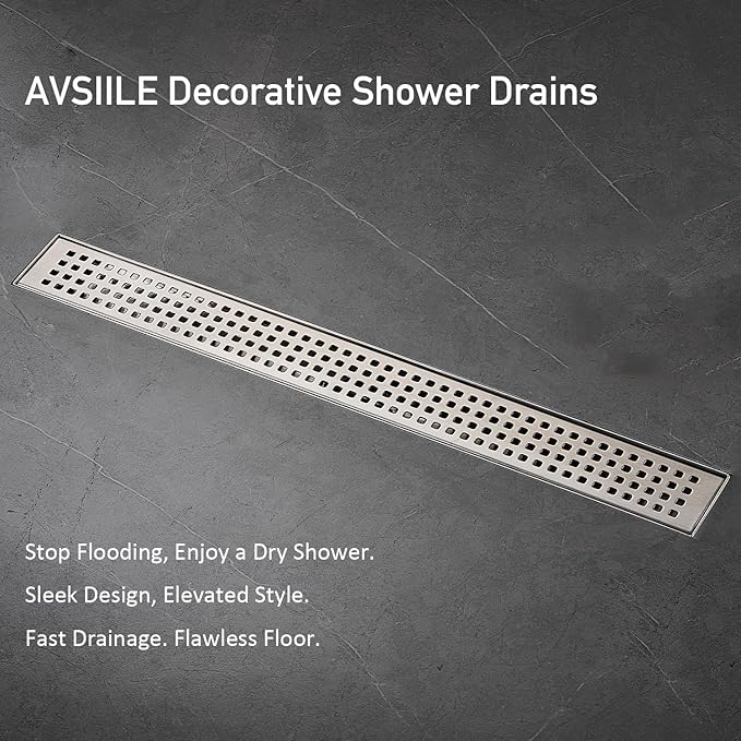Linear Shower Floor Drain, Brushed Nickel 28 Inch 304 Stainless Steel Bathroom Drains Kit, Long Rectangular Shower Trench Drain with Square Pattern Drain Cover & Hair Catcher