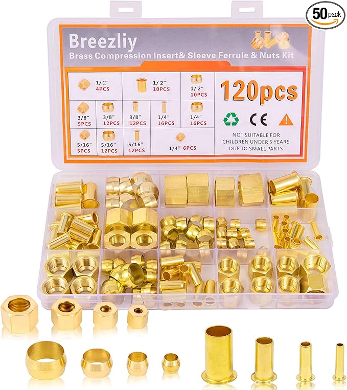 Brass Compression Sleeve Ferrule, Insert and nuts 120pcs 4 Sizes(1/4", 3/8", 5/16", 1/2") Compression Fittings Assortment kit used to connect lines for air,water,fuel,oil and inert gases