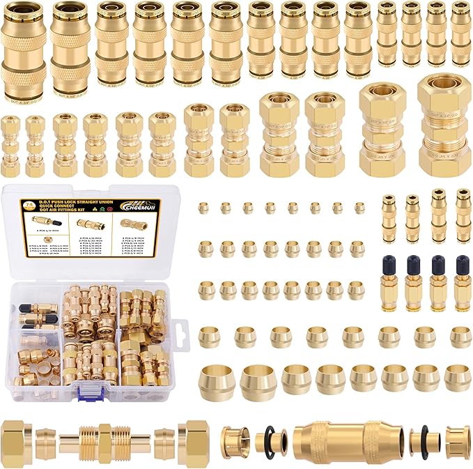 CheeMuii 74 PCS Brass DOT Air Line Fittings Kit DOT Push Lock and Compression Air Fittings Pure Brass Quick Connect Straight Union 1/8" 5/32" 1/4" 3/8" 1/2" 5/8" 3/4" Air Hose Fittings Assortment