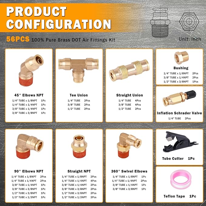 56 Pcs Brass DOT Air Line Fittings kit with Brass Bushings Push to Connect Fittings Push Lock DOT Air Fittings NPT Thread & Quick Connect Air Hose Fittings
