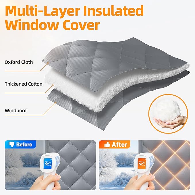 Window Insulation for Winter 27”×39” Windows Insulation Kit Thermal Insulated Window Cover Fit Max Size 26”×38”with Hook & Loop Insulated Curtains for Winter Windows Blanket in Bedroom Attic RV - Gray