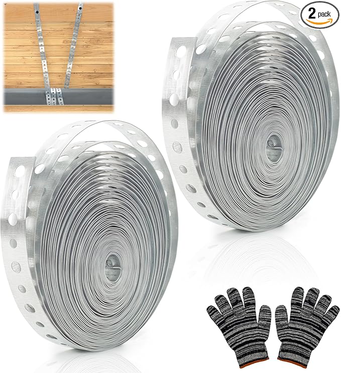 2Rolls Galvanized Metal Pipe Strap 3/4-Inch x 33-Feet 24-Gauge Pipe Hanger Strap Metal Strapping with Hole Securing Straps Pre-Punched with Gloves