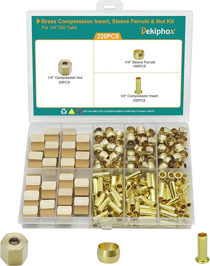 220PCS 1/4" Brass Compression Sleeves Ferrules Inserts Nuts Assortment Kit for Air Water Fuel Oil Line Connection and Inert Gases
