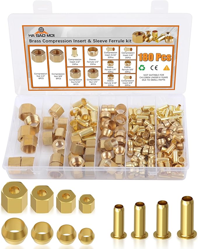 180PCS Compression Fittings Assortment kit - 4 sizes (1/4", 3/8", 5/16", 1/2") of Brass Compression Sleeve Ferrule, Insert and nuts - used to connect lines for air,water,fuel,oil and inert gases