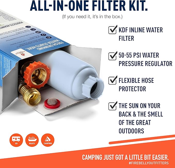 Firebelly Outfitter RV Water Filter, Pressure Regulator Kit - RV Essentials, Camper Accessories for Inside/Outside - Camping Must Haves - Inline Fresh Drinking Hose Filtration System Supplies