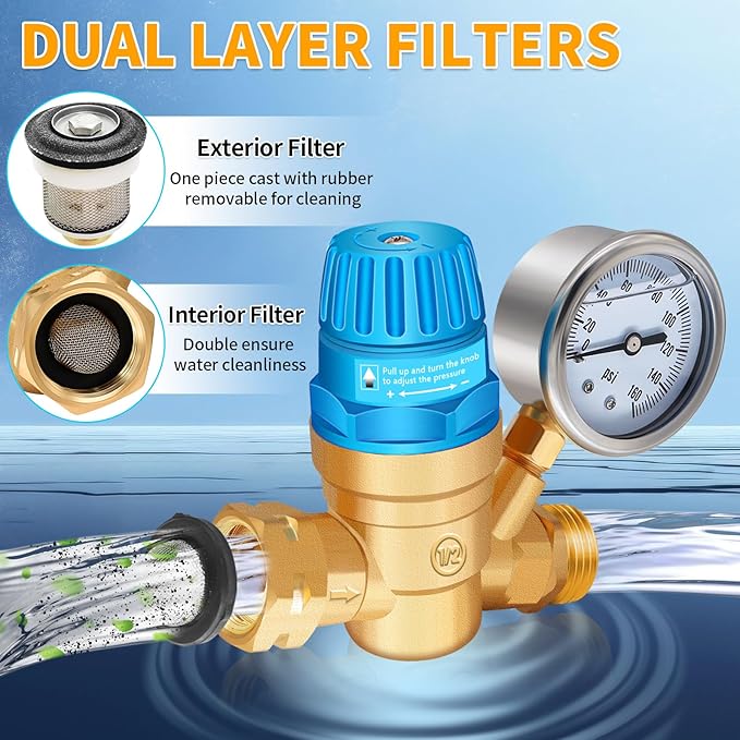 Boltigen Handle Adjustable RV Water Pressure Regulator, 3/4’’ GHT Brass Lead-Free RV Fresh Water Hose Pressure Regulator Valve with Gauge for RV Camper Trailer, Pressure Reducer Valve