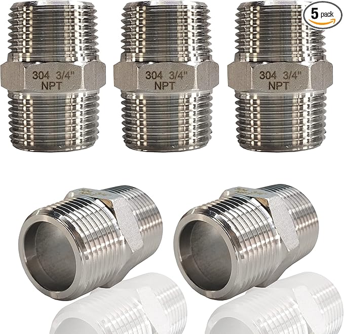 ZOUNI 5PCS Hex Nipple 3/4" Male x 3/4" Male Pipe Fittings, NPT 3/4 inch Male Threaded Pipe Adapter Fittings Equal Nipples Connectors,304 Stainless Steel Male Straight Connector Pipe Fitting