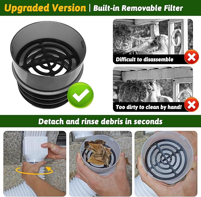 2 Pack Rain Gutter Downspout Extensions 60" with Filter, Corrugated Flexible Gutter Pipe, Downspout Diverter, Down Spout Drain Extension, Extendable from 20" to 60", Screws for Included, Black