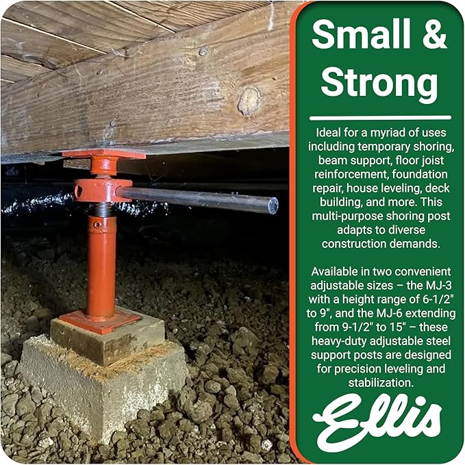 Ellis Manufacturing Adjustable Mini Screw Jack Post – House Jack for Foundation, Floor Leveling, and Concrete Bracing – 15,000 lb Max Load Capacity – 5.5" Adjustment