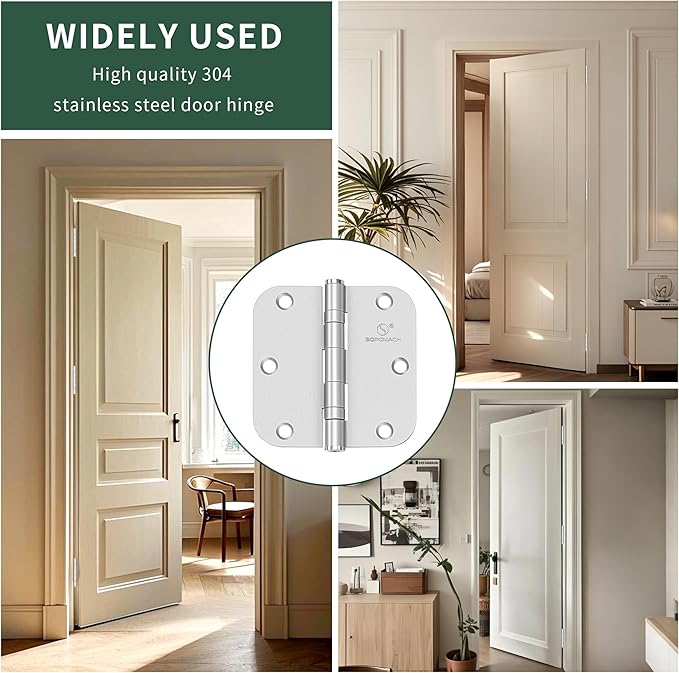 304 Stainless Steel 3.5 Inch Door Hinges Brushed Satin Nickel Interior Hinges 5/8" Radius Corners 3.5'' Ball Bearing Door Hinges- 3 Pack