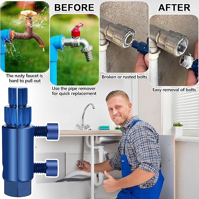 Broken Pipe Thread Extractor Tool, New Broken Faucet Removal Tool, 2025 Stripped Screw Bolt Extractor Set for 1/2" 3/8" 3/4" 1" Damaged Faucet Water Pipe, Handle Valve Thread Extractor (Blue)