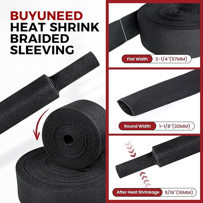 Heat Shrink Wire Loom 2:1 Shrinkable Braided Cable Sleeve 1-1/8 Inch ID-46ft Abrasion Protection Flexibility Fabric Wiring Harness Cover Sheath