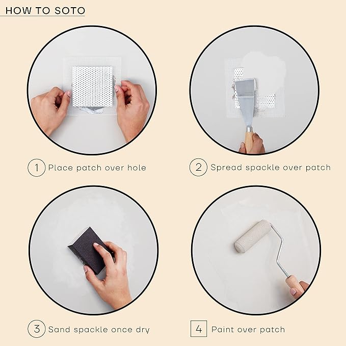 soto Large Hole Repair (Up to 4"), White Spackle, 7-Piece Kit (No. 06 Gesso White) - High Strength Hole Repair Kit for use on: Walls, Drywall, Ceiling, Furniture, Cabinets