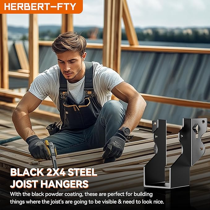 50 Pcs 2x4 Joist Hangers Black, Face Mount Joist Hangers 2x4 Deck, Rafter Brackets/Hanger, Hurricane Ties Brackets for Shed/Barn/Coop/Porch/Fence, Structurally Sound and Aesthetically Pleasing