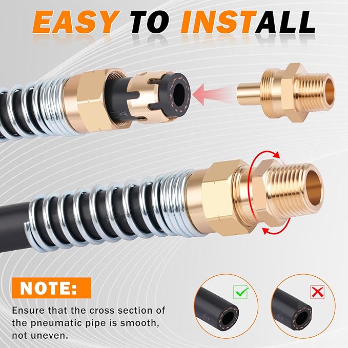 4Pcs Brass 3/8” Air Hose Fittings DOT Air Fittings with Spring Guards, 3/8” Male Connector for Rubber Tube, Air Brake Hose End Fittings, with 8Pcs Fitting Sleeve Tubes