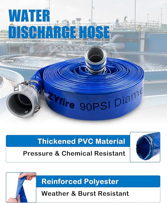 ZYfire Backwash Hose - 2" x 100 FT PVC Lay Flat Discharge Hose with Aluminum Camlock C & E Fittings Heavy Duty Reinforced Pump Discharge Hose Weather and Burst Resistant for Pool Drain, Sump Pump