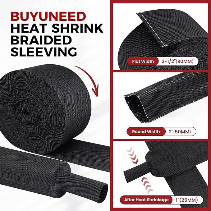 Heat Shrink Wire Loom 2:1 Shrinkable Braided Cable Sleeve 2 Inch ID-18ft Abrasion Protection Flexibility Fabric Wiring Harness Cover Sheath