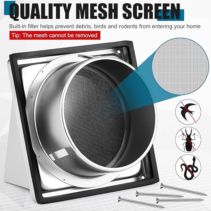 Gisafai 6" Dryer Vent Cover Outside with Stainless Steel Guard Wall Dryer Exhaust Cap and Removable Extended Pipe Vent Shroud Hood Cushioned Non Return Flap with Sealing Gasket Grille(Silver)