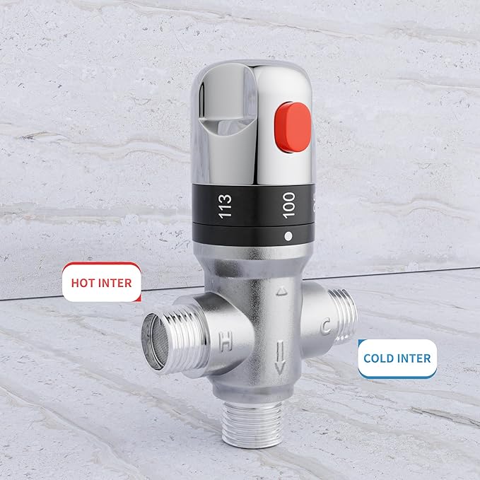 Thermostatic Mixing Valve with 1/2 NPT Male Connection, Water Temperature Constant Control Valve, Fahrenheit Scale Mark, Solid Brass,Grey