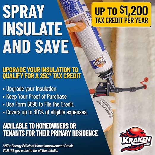Kraken Bond Fastcoat Fire Rated Spray Foam Insulation (1x27.1 oz.) (R-Value 11.32 / 2in) Closed Cell Expanding Foam - Heat and Acoustic Insulation, Gun & Cleaner Includes, 20 Board Ft, 1 Pack