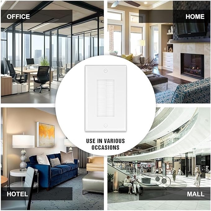 FGB 10 Pack Brush Wall Plate with Low Voltage Mounting Bracket, Cable Pass Through Wall Plate for Wires, Single Gang Cable Access Strap, Wall Socket - White