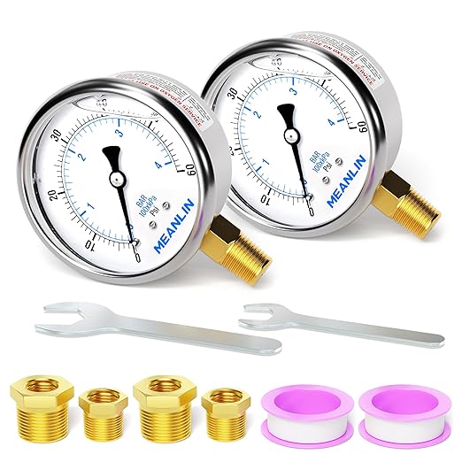 MEANLIN MEASURE 0~60Psi Stainless Steel 1/4" NPT 2.5" FACE DIAL Liquid Filled Pressure Gauge, Pool Sand Filter Pressure Test Lower Mount(Pack of 2) with 1/2" NPT and 3/8" NPT Hex Bushing