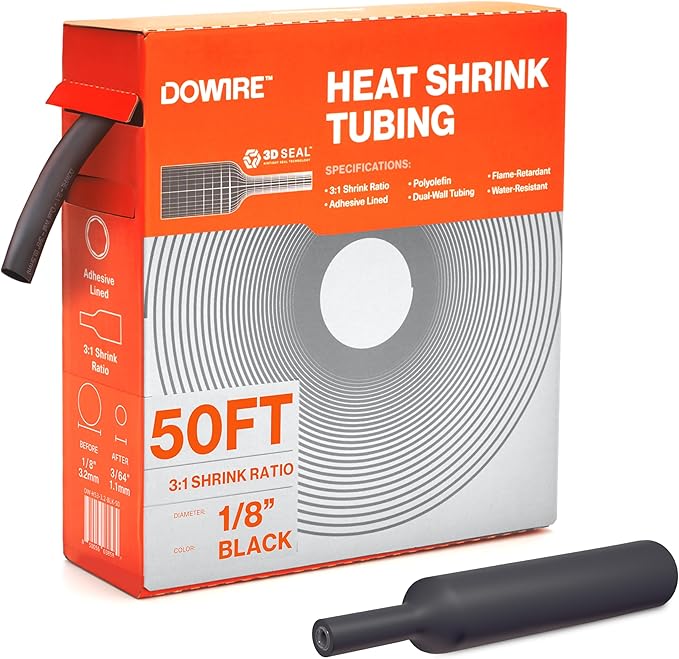 Heat Shrink Tubing 1/8" - Adhesive Lined - 3:1 Ratio - Waterproof Marine Grade Shrink Tube - Wire Shrink Wrap Tubing - Black - 50 Feet