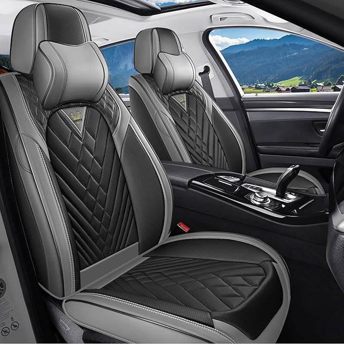 Car Seat Covers for Jaguar E-PACE 2018-2024,Breathable Nappa Leather Car Seat Protector,Front Seat Cover with Pillow Automotive Seat Cushion with Airbag Compatible(Front Seats,Gray-Black)