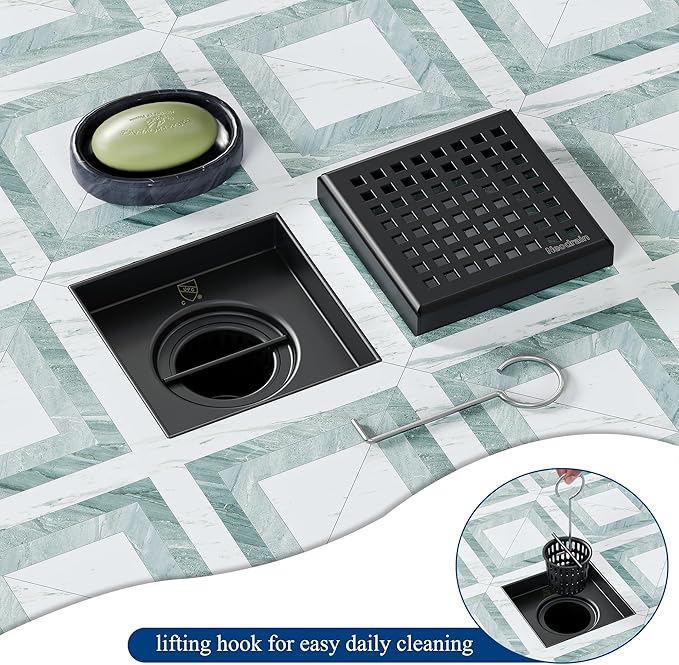 Neodrain 4 Inch Black Square Drain, 304 Stainless Steel Shower Drain Kits with PVC Base, Removable Cover Hair Catcher Strainer for Bathroom Floor Drain, Matte Black