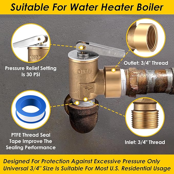 30 PSI Pressure Relief Valve, Boiler Relief Valve with 3/4 NPT Thread, PTFE Thread Seal Tape, Brass, for Hot Water and Cold Water Systems