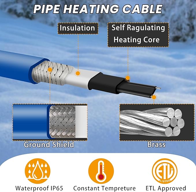 40ft Heat Tape for Water Pipes with Thermostat, for Pipe Freeze Protection, Self-Regulating Heating Cable, Keeps Water Flowing at -40°F, 120V,5W/ft,Pipe Heater for Home,Roof,Outdoor