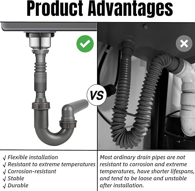 Expandable and Flexible P-Trap, 1-1/2" Sink Drain Pipe Kit, Wall Drain, For Kitchen Sink