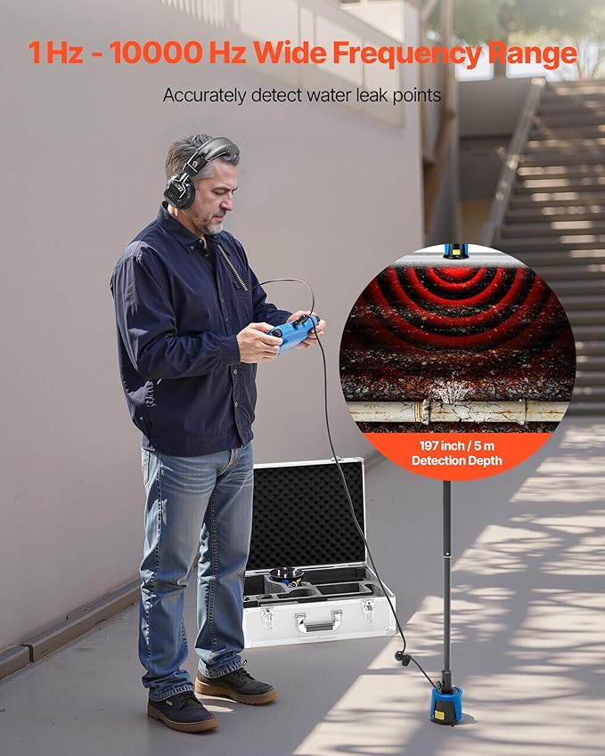 VEVOR Pipe Water Leak Detector for Outdoors, 1Hz-10000Hz, 7" Touchscreen Leakage Detection Locator for 16.4FT (5m) Underground Plumbing - with Medium & Large Sensor, 3 Listening Rods, Headphone & Case