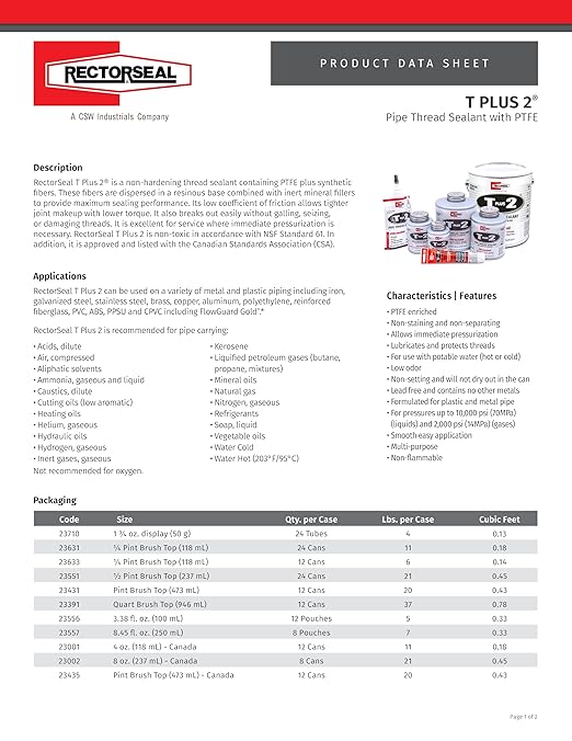 RectorSeal T Plus 2 23710 Pipe Thread Sealant, Non-Hardening, Synthetic Fibers, Contains No Other Metals, PTFE Enriched, Plumbing, 1 3/4 oz.