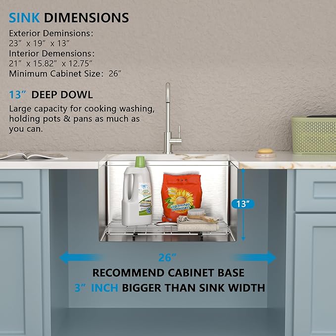 23"x19" Undermount Laundry Utility Sink Workstation – 16 Gauge 304 Stainless Steel, 13 Inch Deep Single Bowl Under Counter Sink Basin for Laundry Room, RV or Utility Use