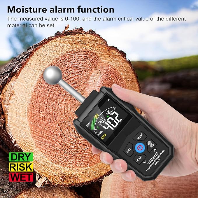 Moisture Meter - TEMIRUP Pin & Pinless Wood Moisture Tester with Color LCD and Acoustic Alarm, Digital Moisture Reader Detects 20-40 mm for Walls, Wood, Masonry, Concrete and Other Building Materials