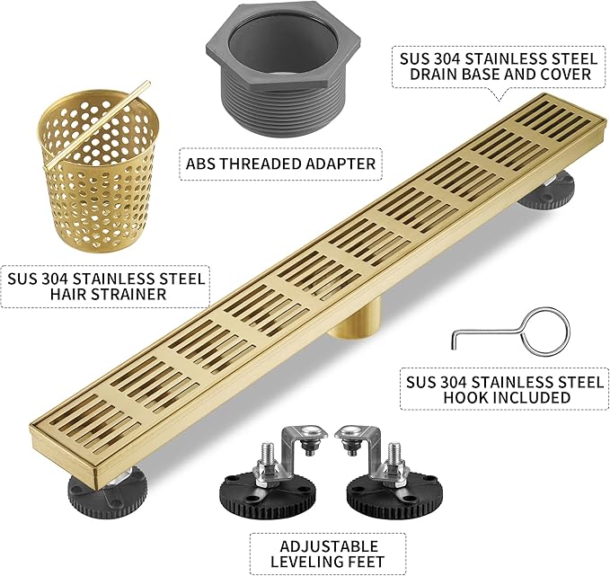 Linear Shower Drain 32 Inch,Rectangular Shower Drain SUS-304 Stainless Steel, 51L/Min Fast Drainage Floor Linear Drain, US Standard CUPC Certified, Zirconium Gold, SD-109