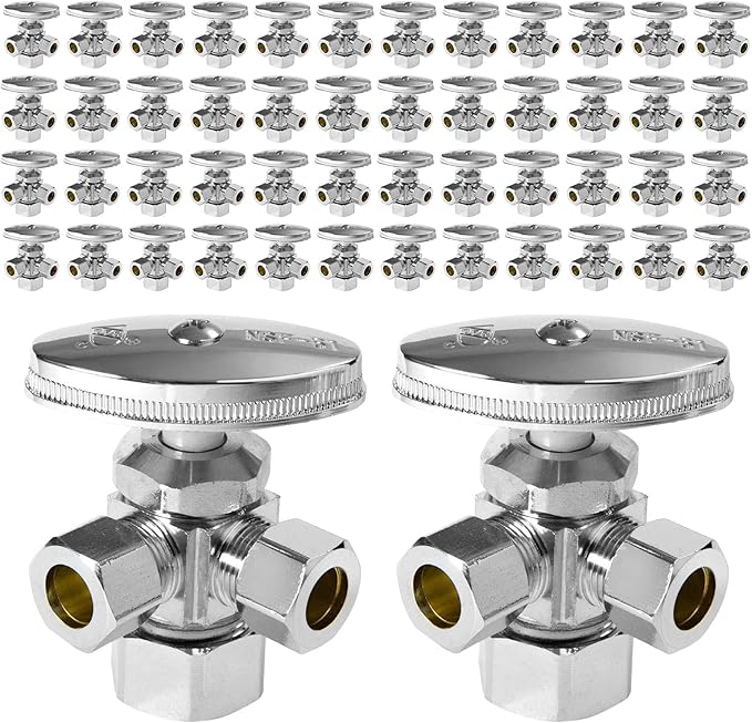 (Pack of 50) Seelink Multi-Turn Dual Outlet Angle Stop Valve, 1/2" NOM (5/8" OD) Inlet x 3/8" OD Outlet x 3/8" OD Outlet, Chrome Plated Brass
