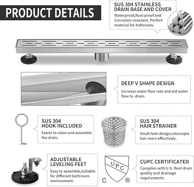 Linear Shower Drain, Brushed Nickel Shower Drain 36 Inch with Removable Grate, SUS-304 Stainless Steel Rectangle Floor Drain with Leveling Feet and Hair Strainer, Bathroom Modern Drain SD-101