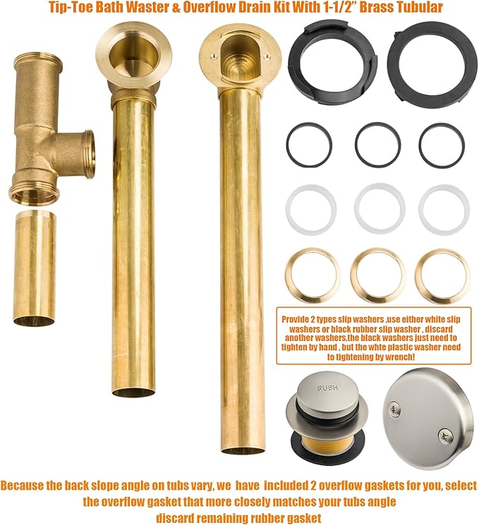 Artiwell 1.5" Brass Tubular Bath Drain Kit - Touch-Toe Bathtub Drain Stopper, Overflow with Plug - Brushed Nickel