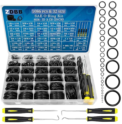 1086 Pcs SAE Standard O Ring Kit Nitrile Rubber O-Rings Assortment with O‘Ring Pick for Hydraulic Automotive Plumbing Faucet Seal Repair 32 Size Inch ID:1/8”-2”