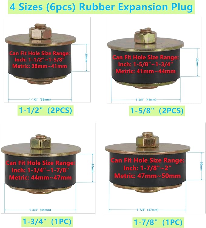 4 Sizes (6pcs) Rubber Expansion Plug, Automotive Rubber Freeze Plug Fit Hole Size: 1-1/2"~2” (38mm~50mm)