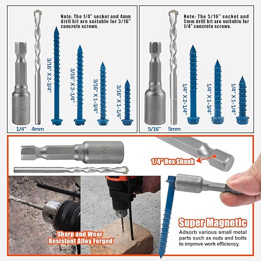 200Pcs Concrete Screws with Drill Bit and Driver bit, 3/16" 1/4" Hex Head Concrete Cement Screws Assortment Kit for Anchoring to Masonry, Block or Brick Stucco, Length 1-1/4" to 2-3/4"
