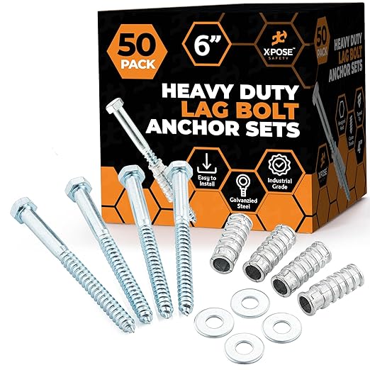 Concrete Anchors Set with 6" Lag Bolt, Lag Shield and Washer - 50 Sets per Pack - 1/2" Bolt Lag Screws 6-Inch for Parking Curb Stop - Galvanized Steel Lag Bolts