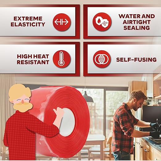 XFasten Self-fusing Silicone Tape Pro, Red, 1.5-Inch x 15-Feet, 30mils Extreme Stretch and Seal Plumbing Tape for Leaky Pipes, Tool Grip, Electrical Wires, PVC Pipe Leak Repair, Non-Reactive