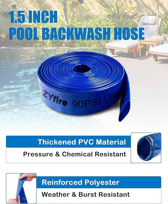 ZYfire Pool Backwash Hose with 2 Clamps - 1-1/2" x 50 FT PVC Lay Flat Discharge Hose Heavy Duty Reinforced Pool Hose Weather and Burst Resistant for Pool Drain, Sump Pump, Pool Filter